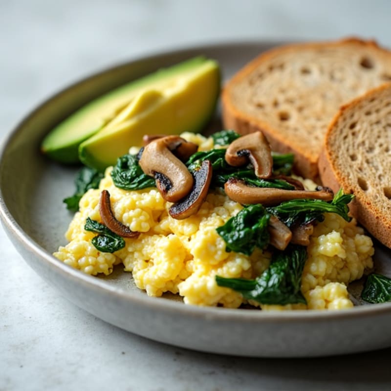 Egg White Spinach Scramble with Sautéed Mushrooms and Whole Grain Toast