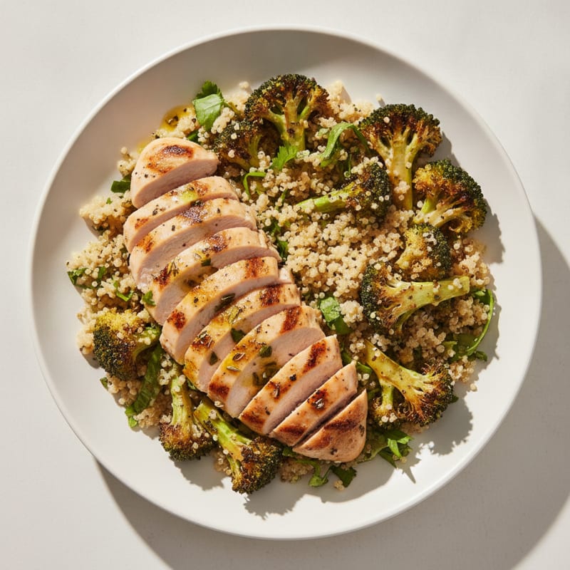 Grilled Chicken Breast Salad with Quinoa and Roasted Broccoli