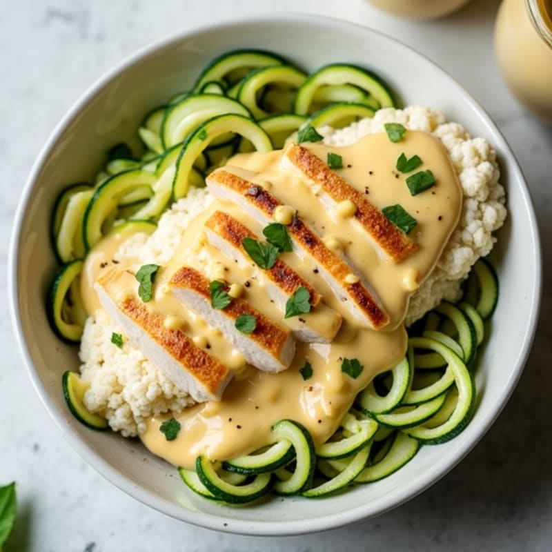 Creamy Cauliflower Alfredo Chicken with Zucchini Noodles
