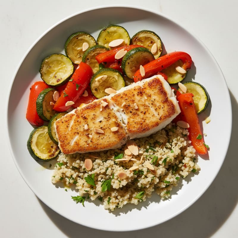 Pan-Seared White Fish with Roasted Vegetables and Herb Quinoa