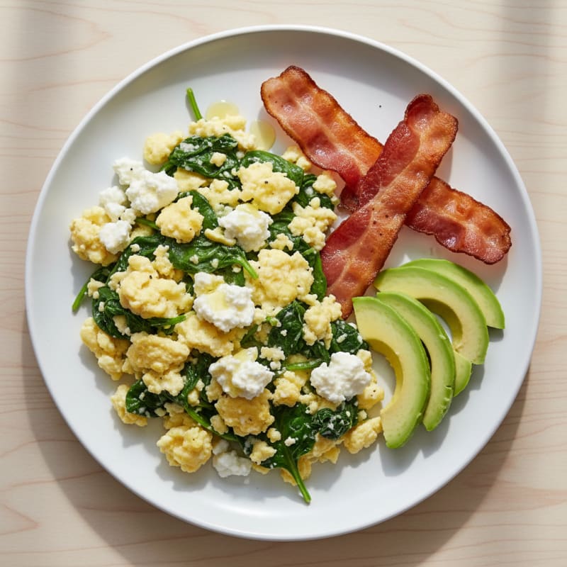 Cottage Cheese Egg Scramble with Spinach and Turkey Bacon