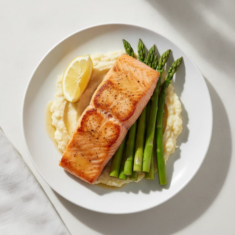 Seared Salmon Fillet with Steamed Asparagus and Garlic Cauliflower Mash