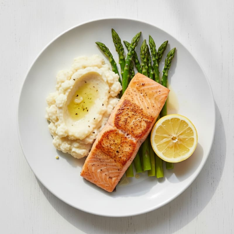 Seared Salmon with Steamed Asparagus and Garlic Mashed Cauliflower