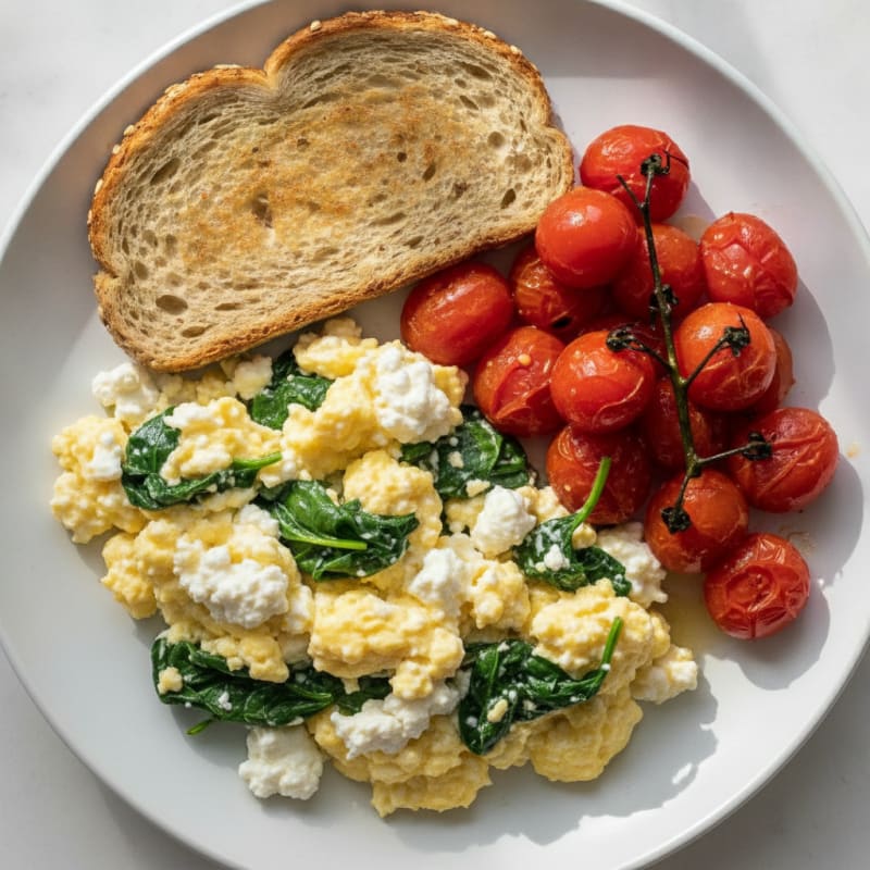 Cottage Cheese Egg Scramble with Spinach and Roasted Tomatoes