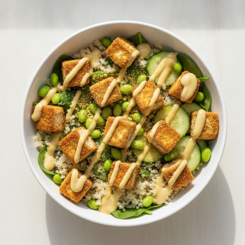 Crispy Tofu and Edamame Power Bowl with Lemon Tahini Drizzle