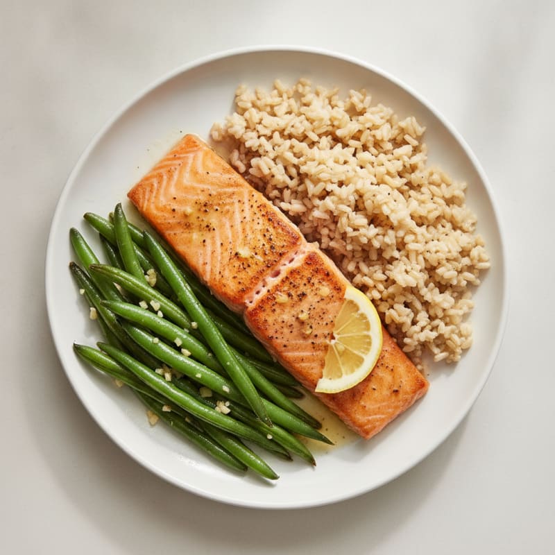 Seared Salmon Fillet with Garlic Green Beans and Brown Rice
