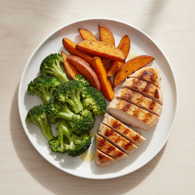Grilled Chicken Breast with Roasted Sweet Potatoes and Steamed Broccoli