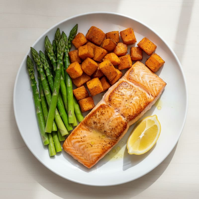 Seared Salmon with Roasted Sweet Potatoes and Asparagus