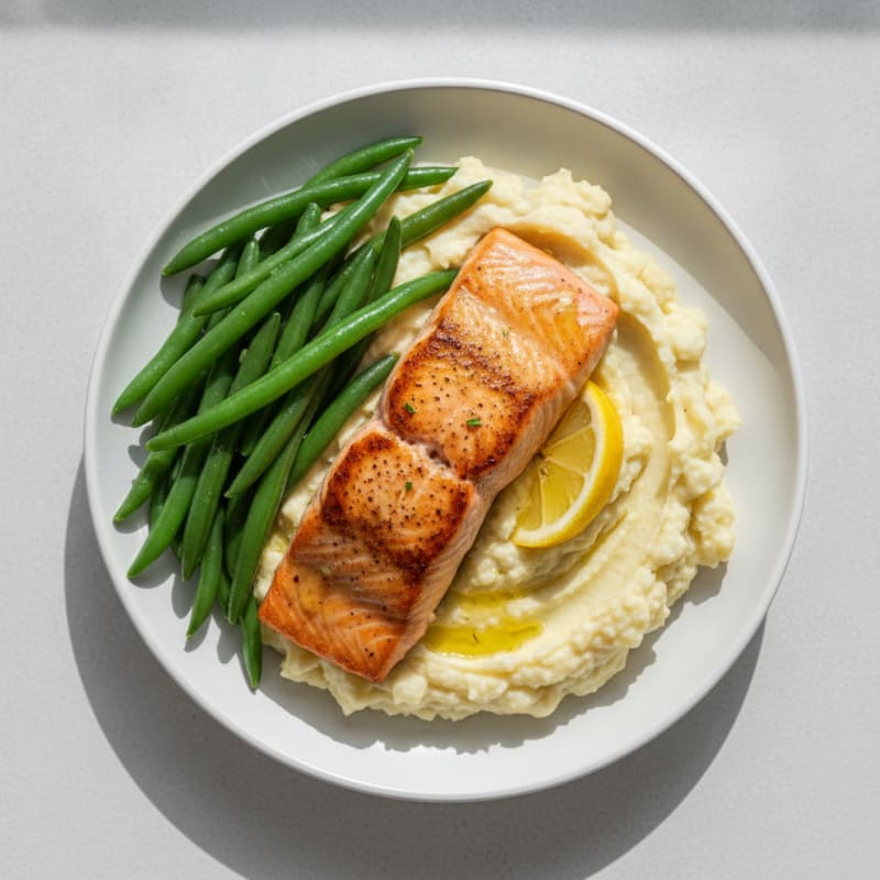 Seared Salmon with Steamed Green Beans and Garlic Mashed Cauliflower