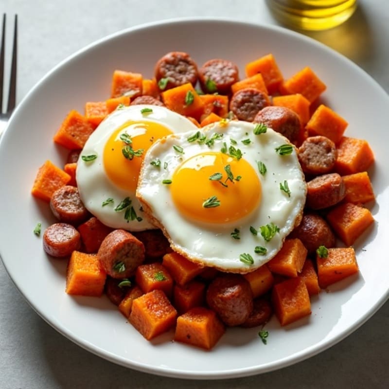 Crispy Sweet Potato Hash with Lean Chicken Sausage and Eggs
