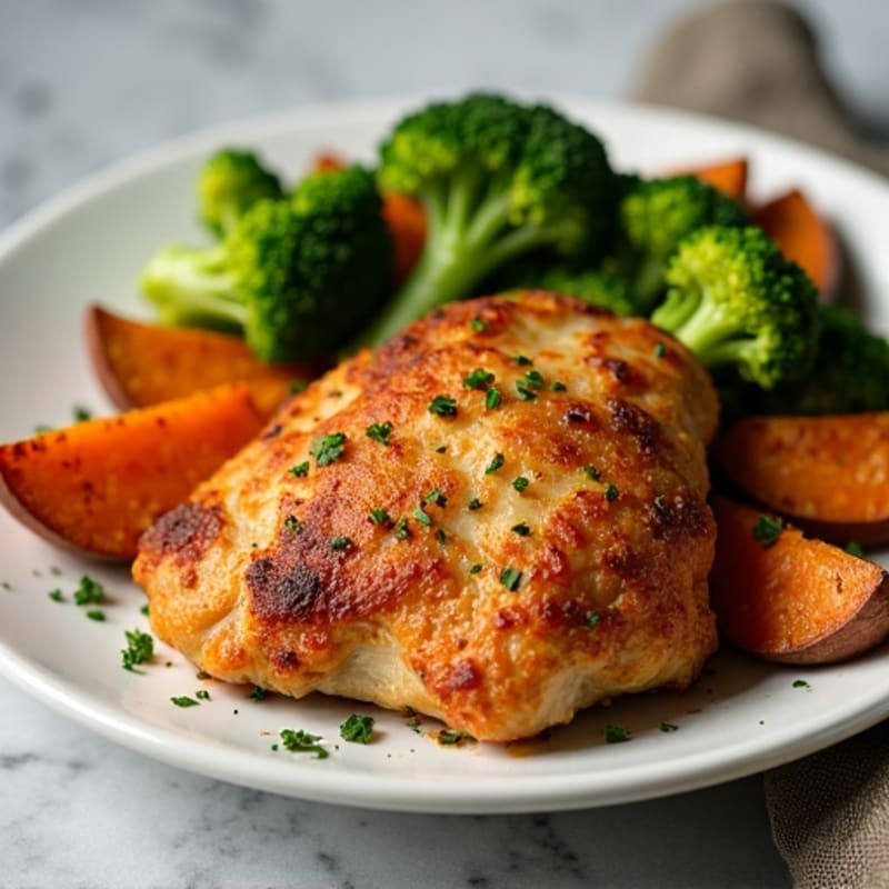 Crispy Baked Chicken Thighs with Roasted Broccoli and Sweet Potato Wedges