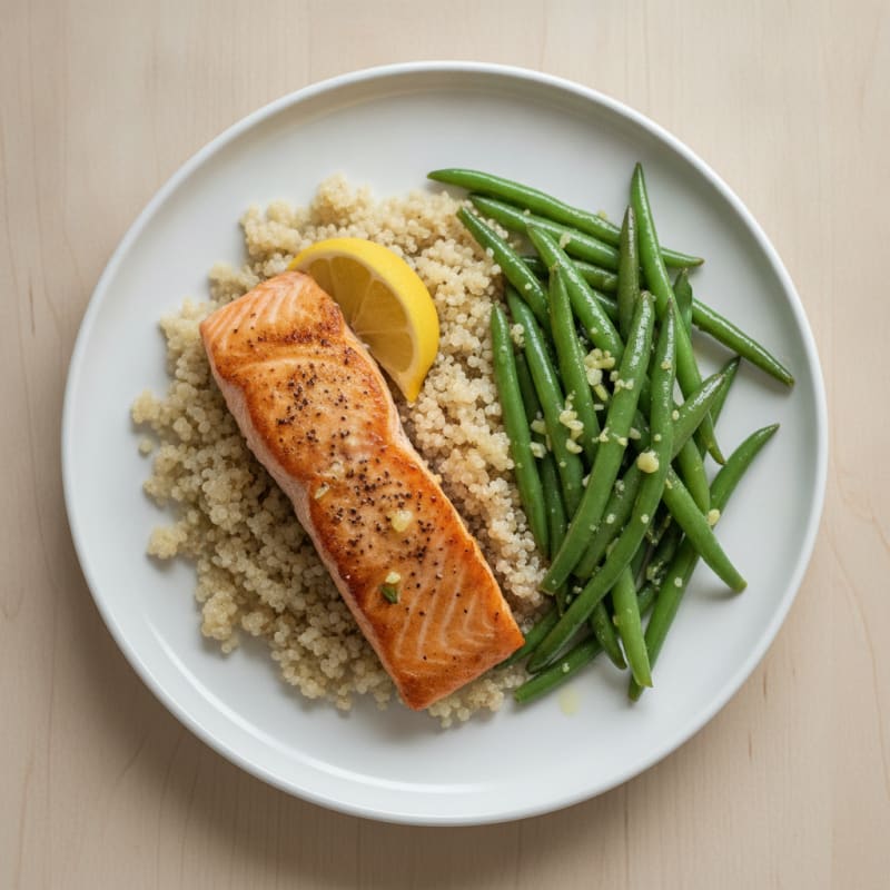 Seared Salmon with Garlic Green Beans and Quinoa