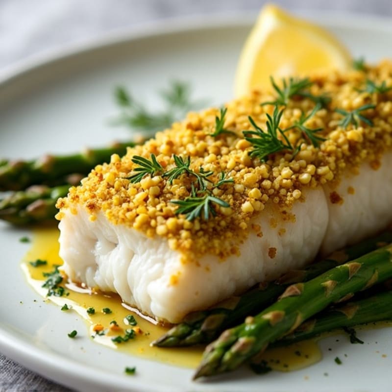 Crispy Pistachio-Crusted Baked Cod with Lemon-Herb Roasted Asparagus