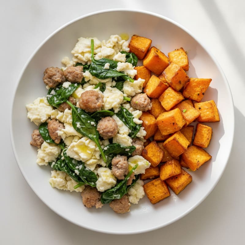 Egg White and Turkey Sausage Scramble with Spinach and Roasted Sweet Potato