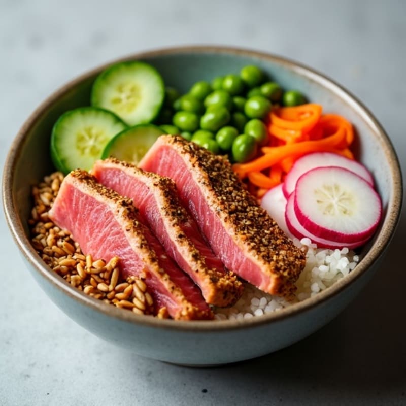 Sesame-Crusted Tuna Rice Bowl with Fresh Vegetables