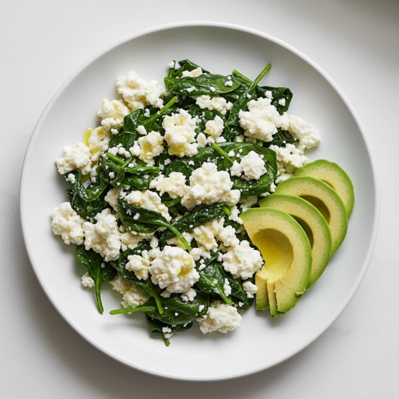 Egg White and Spinach Scramble with Cottage Cheese and Sliced Avocado