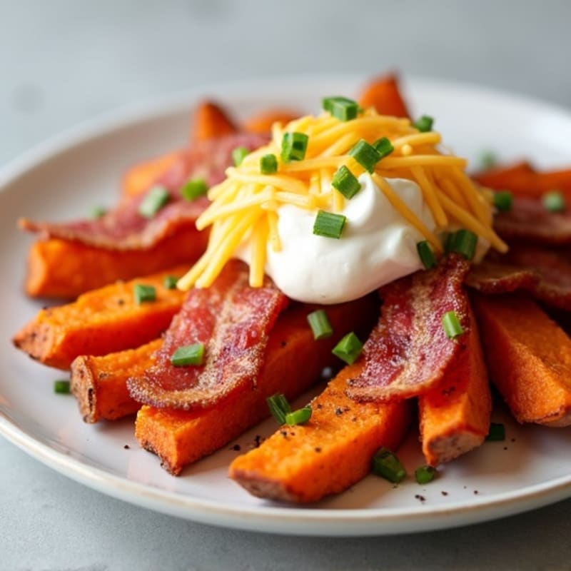 Lean Turkey Bacon Loaded Sweet Potato Fries with Creamy Cheesy Sauce