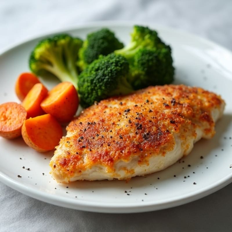 Crispy Baked Chicken with Roasted Broccoli and Sweet Potato