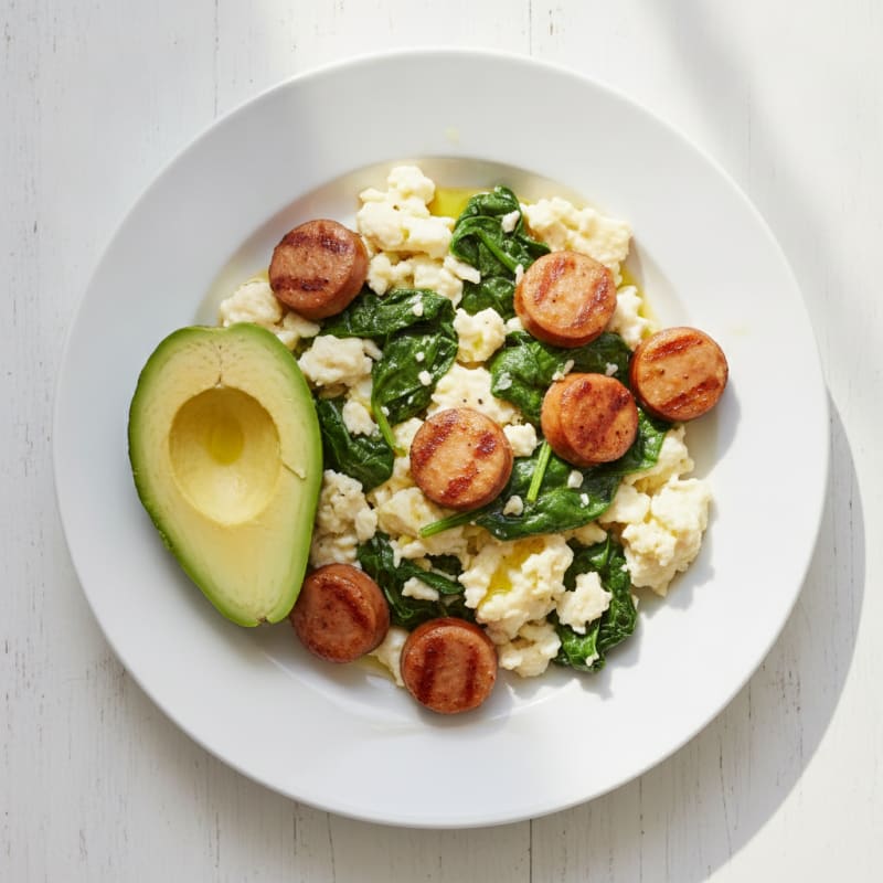 Egg White Scramble with Chicken Sausage and Spinach
