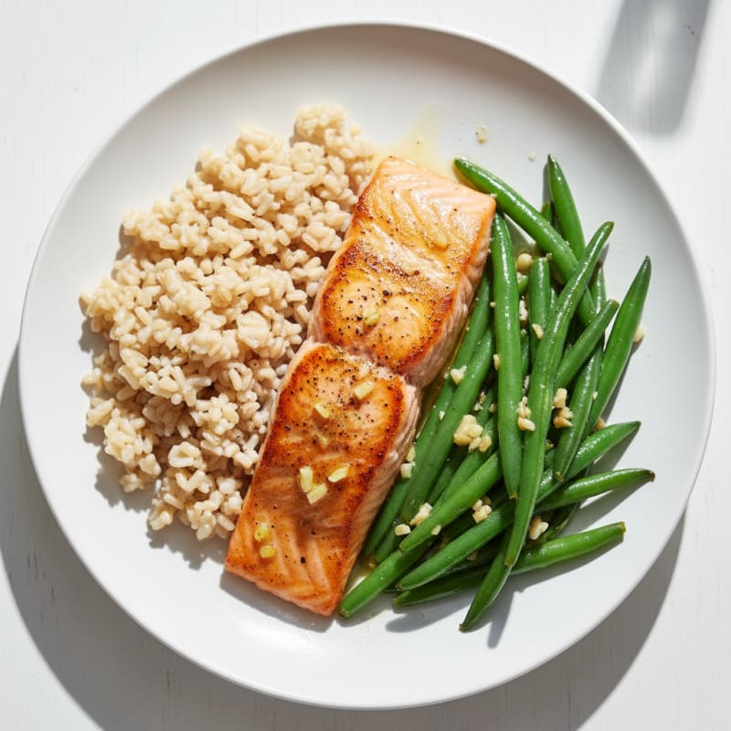 Seared Salmon with Garlic Green Beans and Brown Rice
