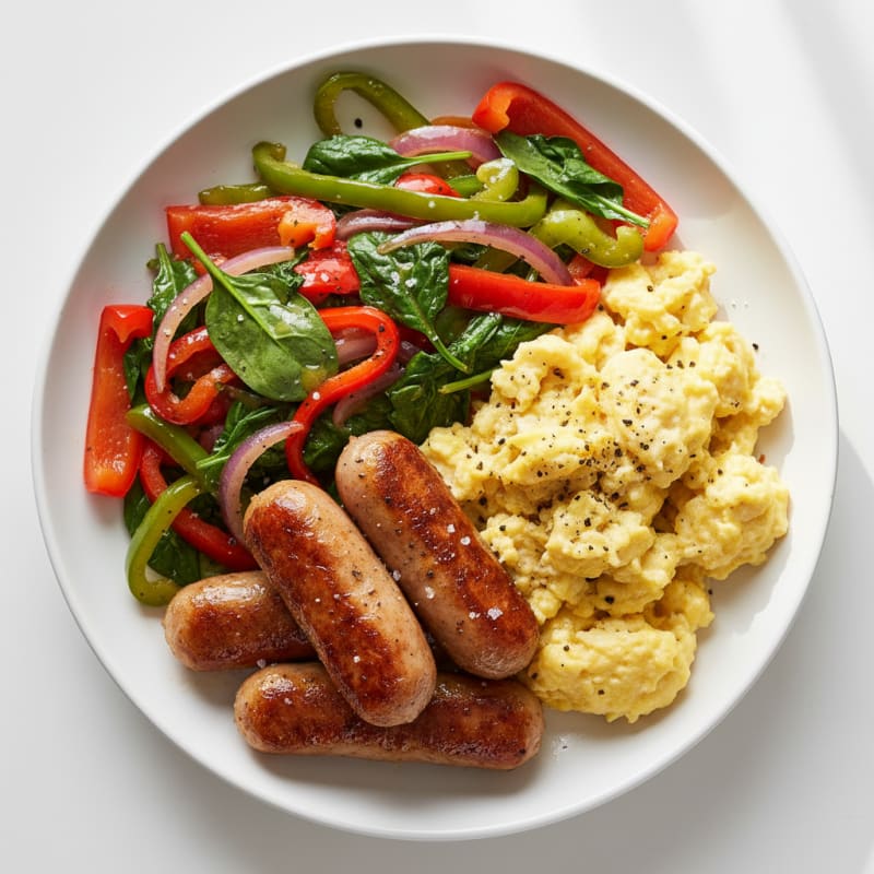 Pan-Seared Chicken Sausage and Eggs with Sautéed Peppers