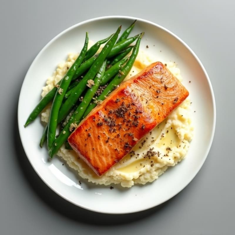 Seared Salmon with Steamed Green Beans and Cauliflower Mash