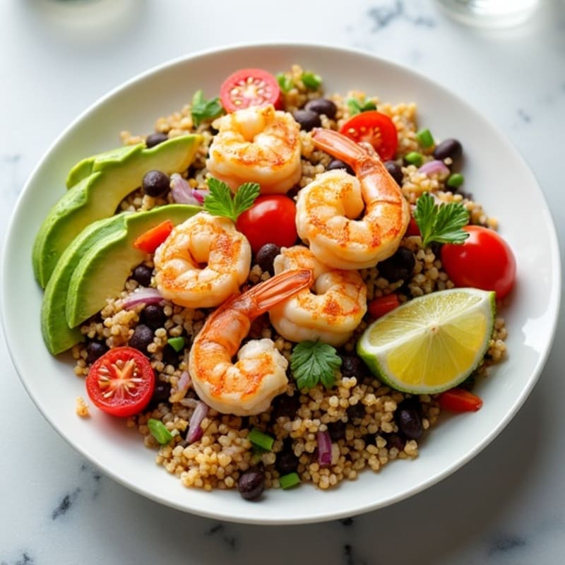 Fresh Zesty Quinoa and Black Bean Salad with Grilled Shrimp