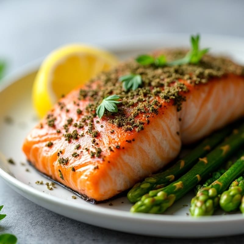 Pan Seared Herb-Crusted Salmon with Steamed Asparagus