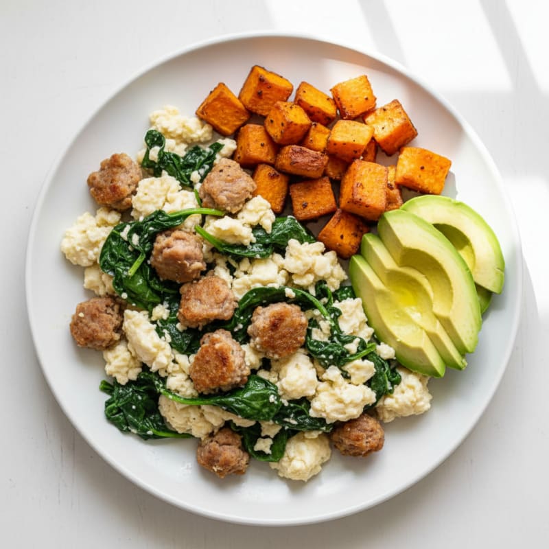 Crispy Turkey Sausage and Egg White Scramble with Spinach