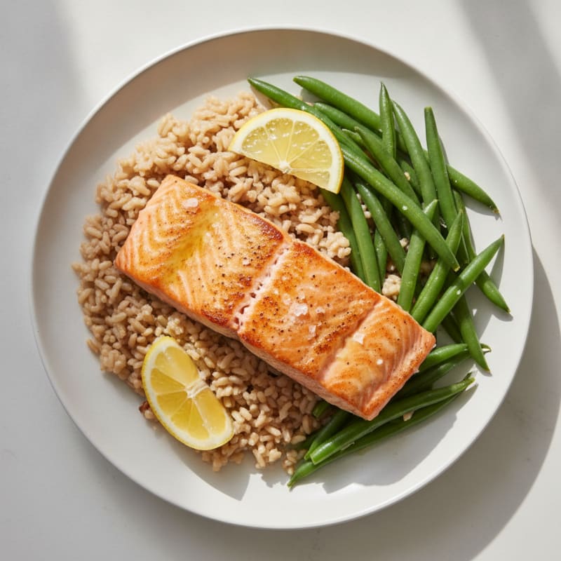 Seared Salmon Fillet with Steamed Green Beans and Brown Rice