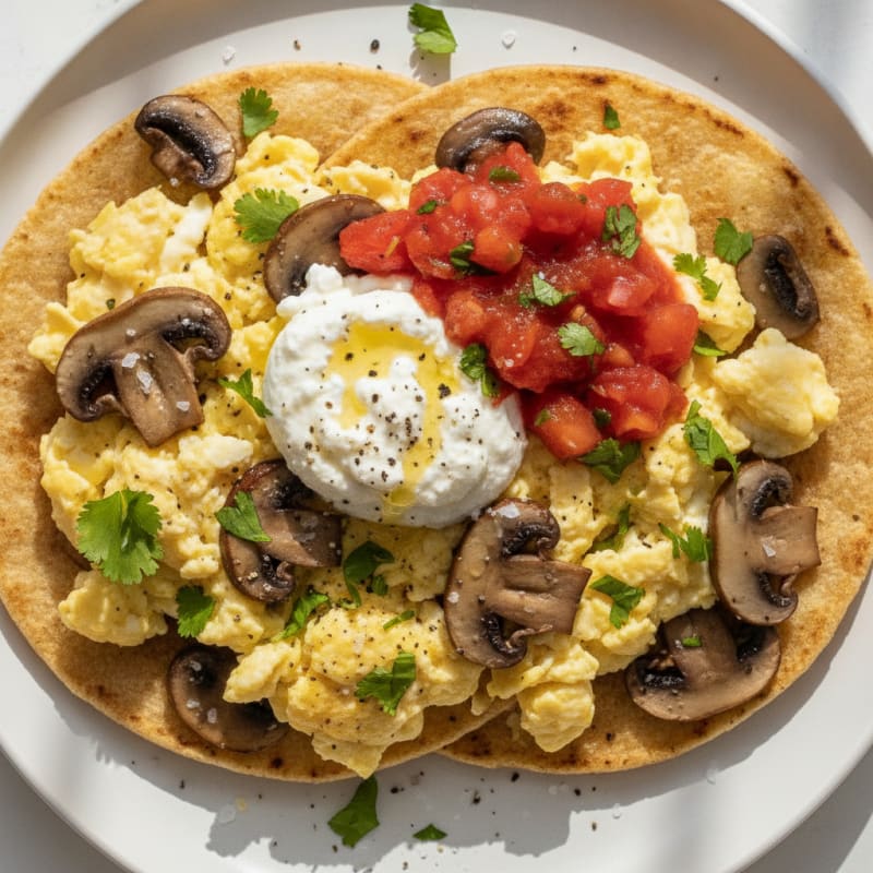 Huevos Rancheros con Champiñones y Queso Cottage
