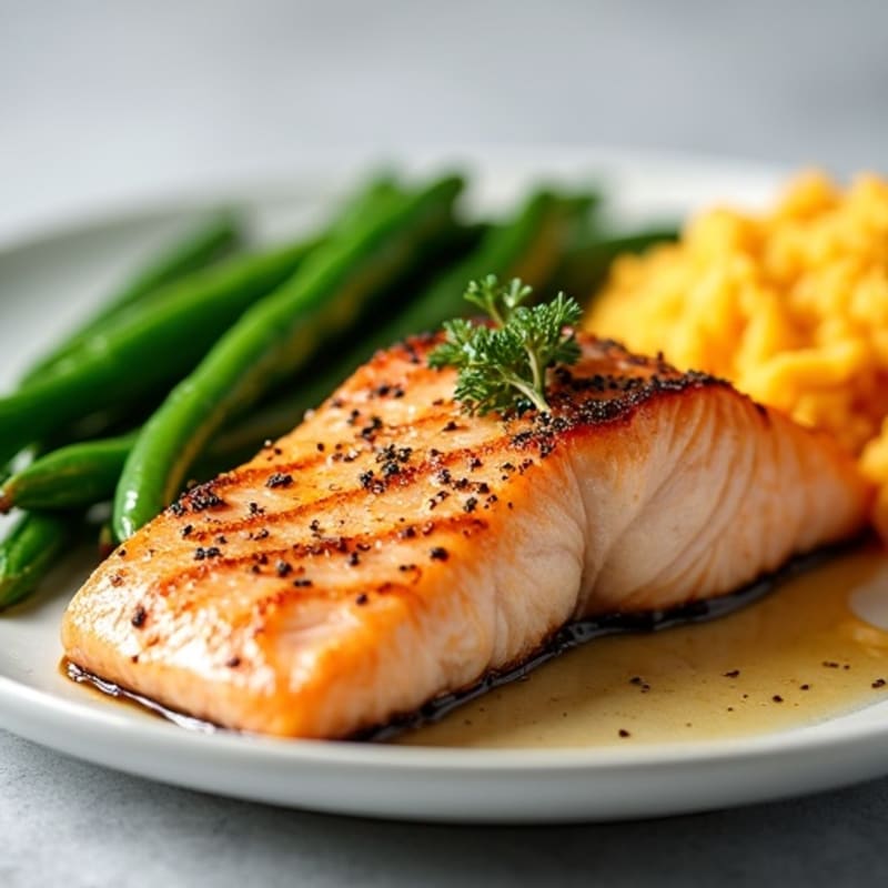 Seared Salmon with Steamed Green Beans and Mashed Sweet Potato