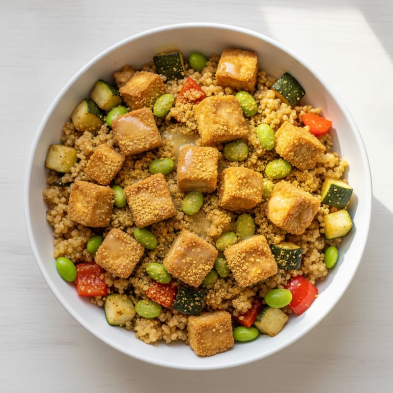 Crispy Tofu and Quinoa Power Bowl with Roasted Vegetables