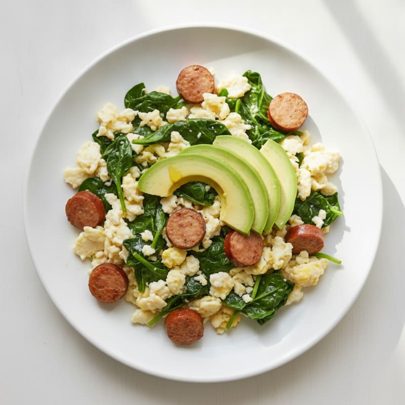 Egg White Scramble with Turkey Sausage and Sautéed Spinach
