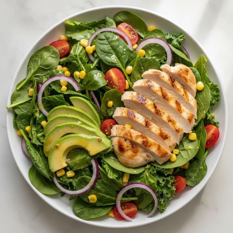 Grilled Chicken Salad with Mixed Greens, Avocado, Tomato, Red Onion, and Corn