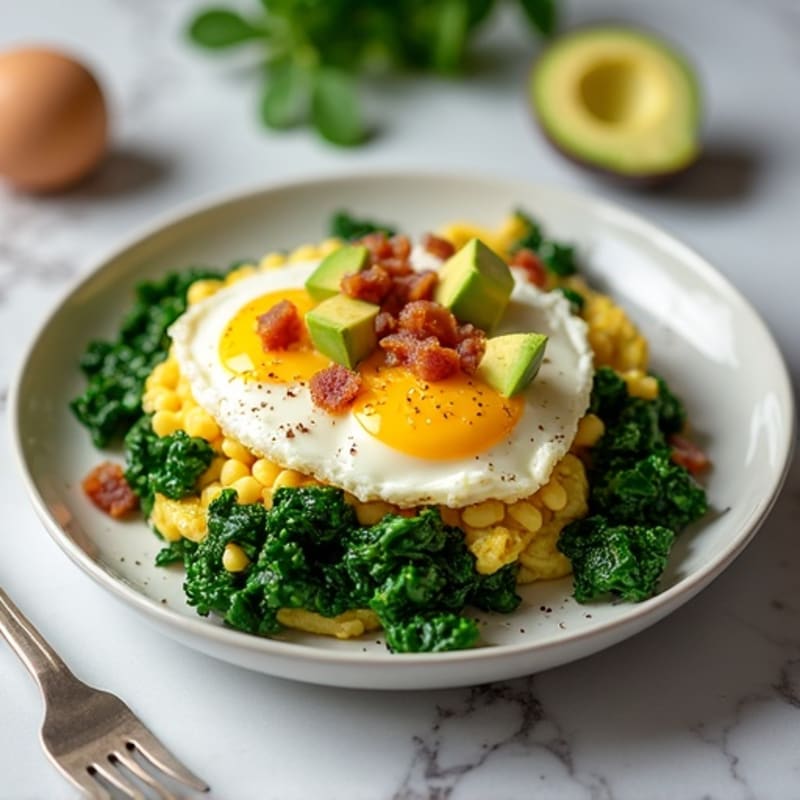 Cottage Cheese Egg Scramble with Sautéed Spinach and Turkey Bacon