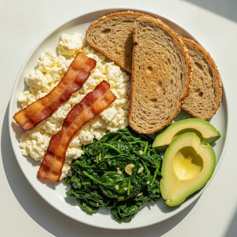 Scrambled Egg Whites with Turkey Bacon and Sautéed Spinach