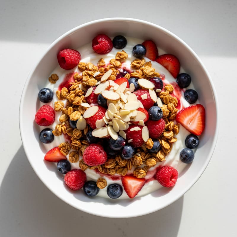 Greek Yogurt Parfait with Crunchy Almond Granola and Fresh Berries