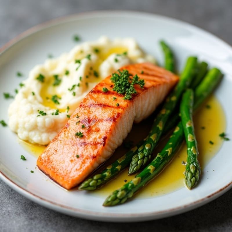 Seared Salmon with Steamed Asparagus and Cauliflower Mash