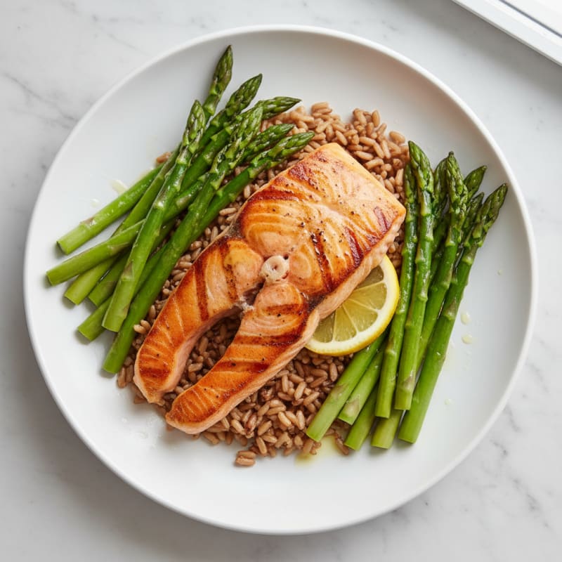Seared Salmon with Steamed Asparagus and Brown Rice