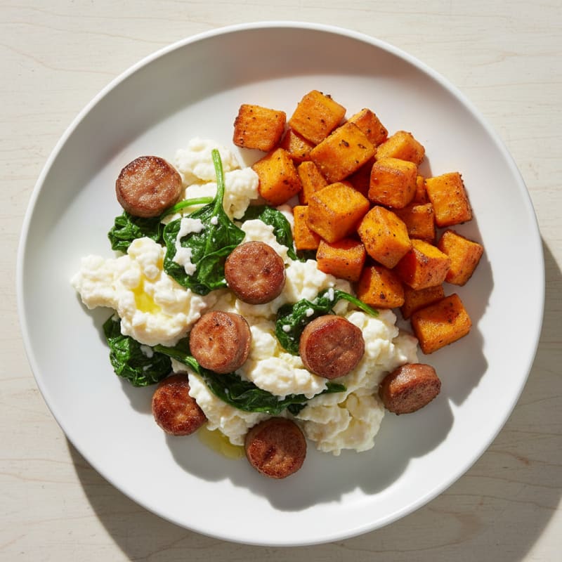 Egg White and Turkey Sausage Scramble with Sautéed Spinach and Sweet Potato