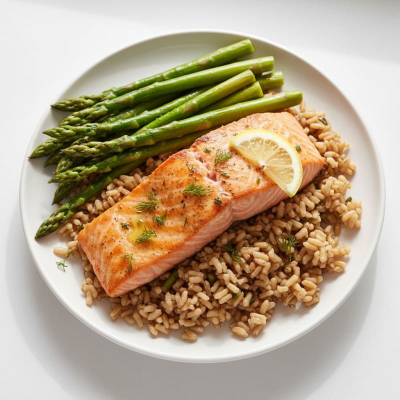 Seared Salmon with Steamed Asparagus and Brown Rice
