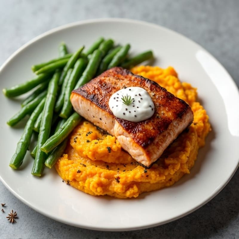 Seared Salmon with Steamed Green Beans and Sweet Potato Mash