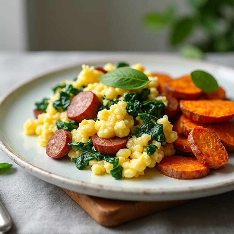 Egg White and Turkey Sausage Scramble with Spinach and Roasted Sweet Potato