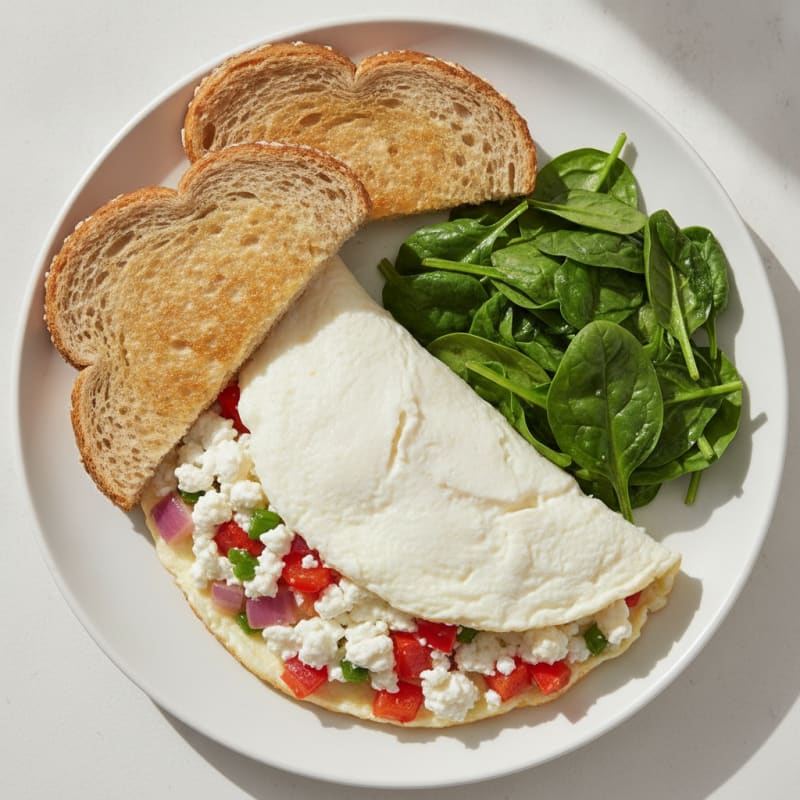 Egg White Vegetable Omelette with Cottage Cheese and Sautéed Spinach