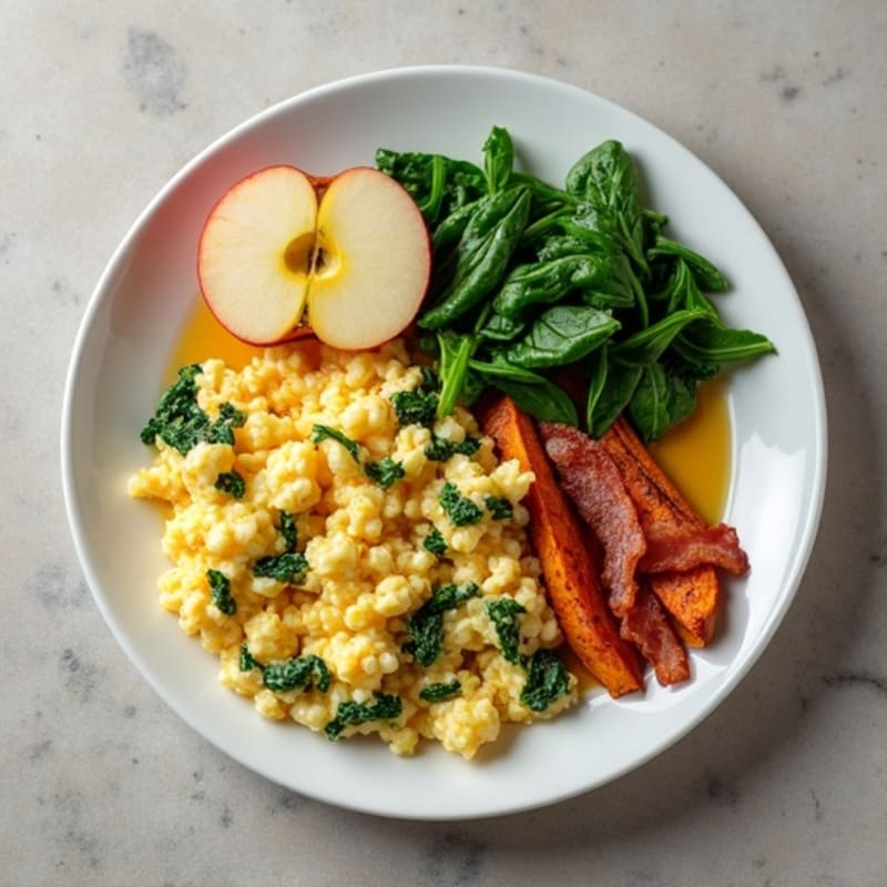 Egg White Scramble with Sautéed Spinach, Turkey Bacon, and a Side of Apple & Sweet Potato