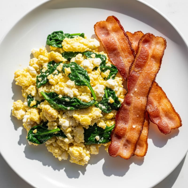 Cottage Cheese Scramble with Sautéed Spinach and Turkey Bacon