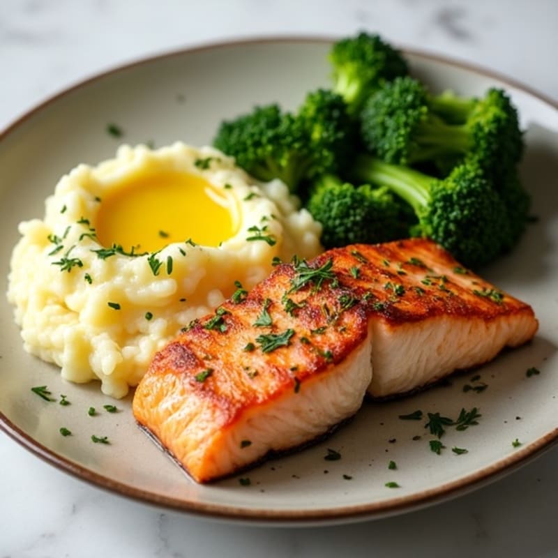 Crispy Pan-Seared Salmon with Buttery Garlic Mashed Potatoes and Steamed Broccolini