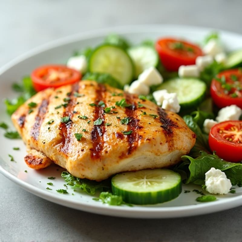 Lemon Herb Grilled Chicken with Fresh Cucumber Tomato Feta Salad