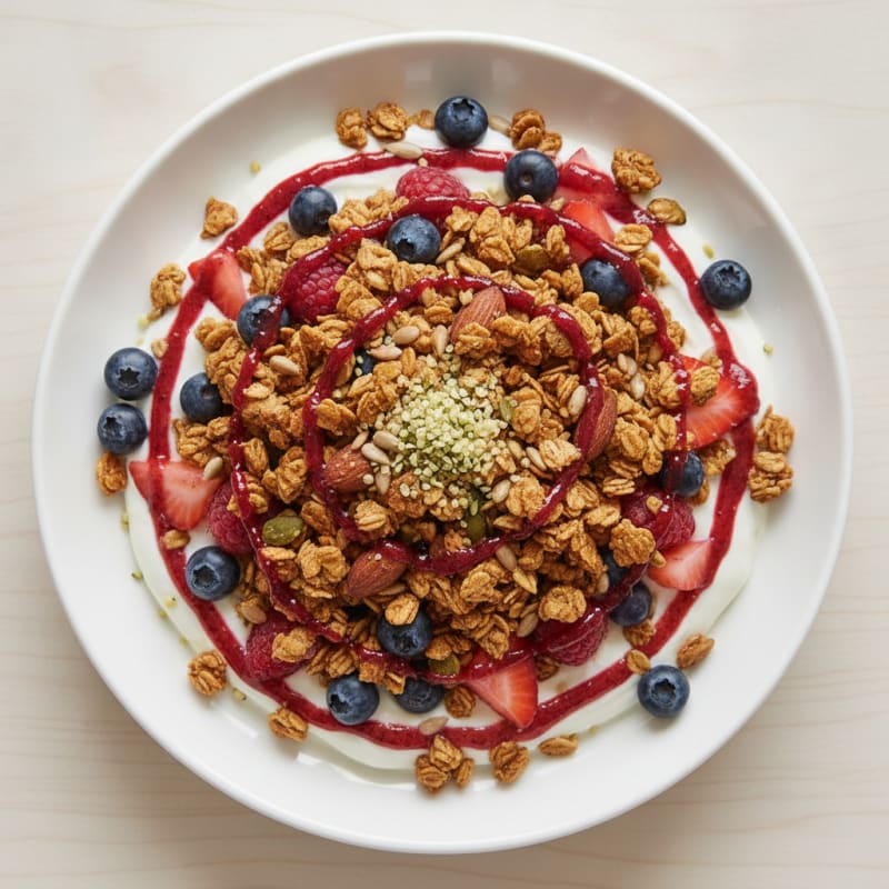 Greek Yogurt Parfait with Crunchy Almond Granola and Mixed Berries